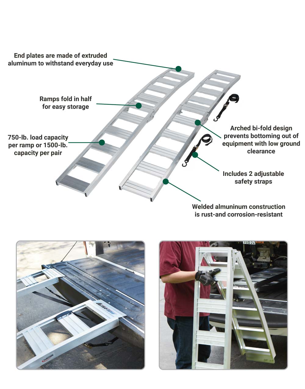 Towing Ramp (53181.ULT) Ultra-Tow Folding Arched Aluminum Loading Ramp Set | 1500 ...