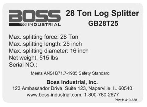 (410-538) Boss 28 Ton Specs Decal